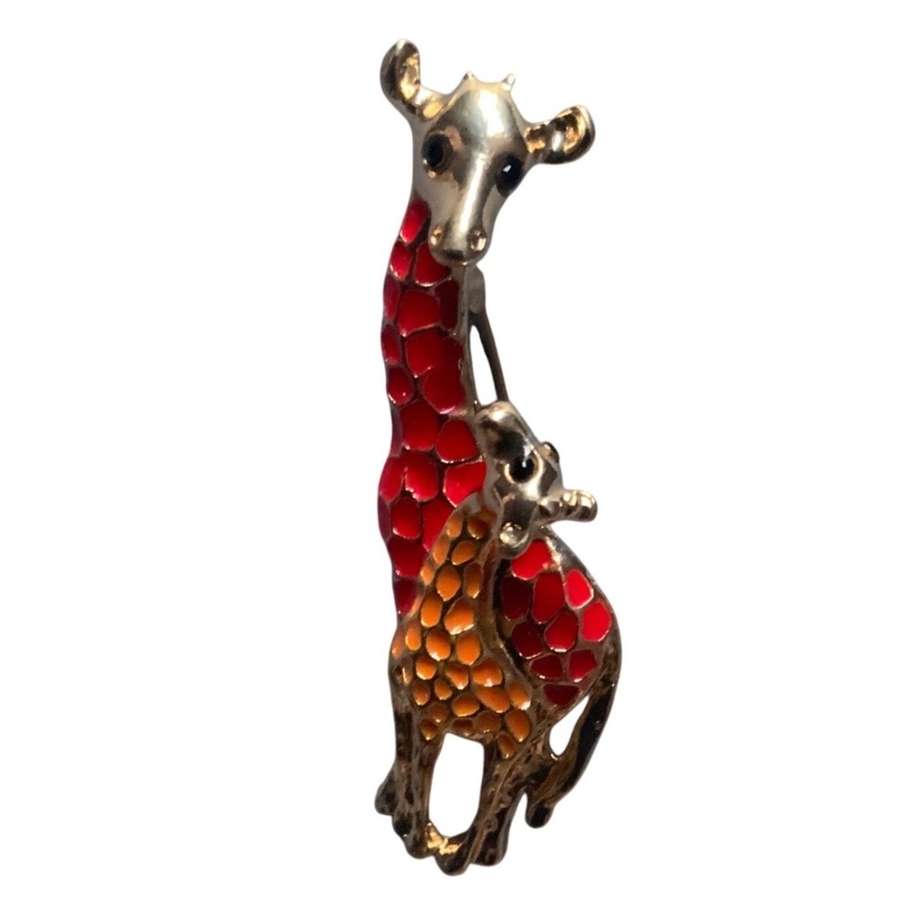 Vintage Giraffe Mother and Baby Enamel Brooch Gold Tone Red Orange Animal Pin - Picture 1 of 4